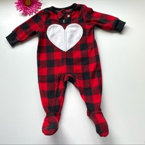 3/$15 Buffalo Plaid Red Black Check White Heart Footie Sleeper Onesie Size 3m